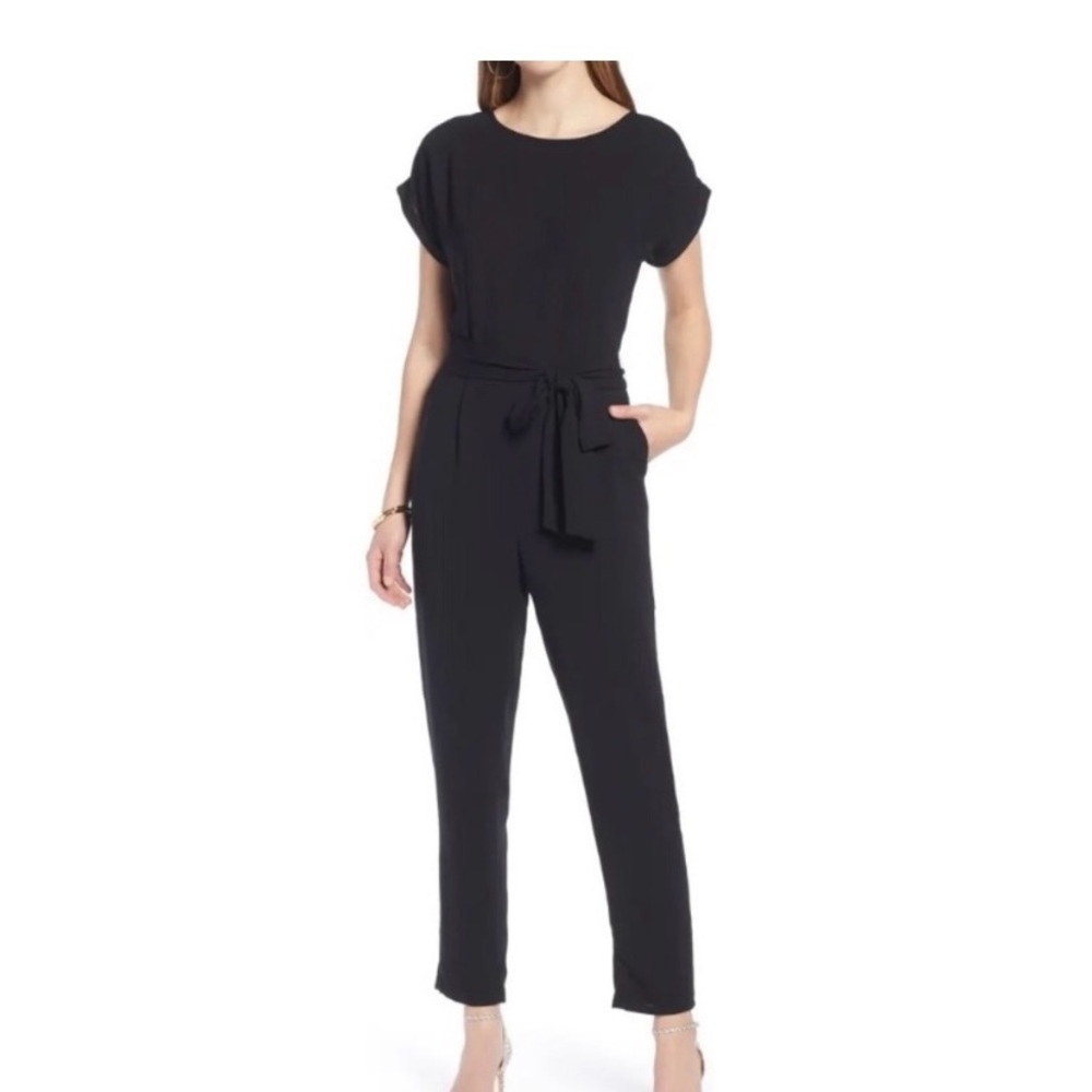 Halogen short cap sleeve jumpsuit with tie belt black size 0